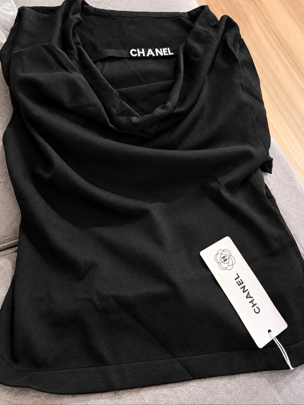 Chanel Black Knit Top with Rhinestone Logo